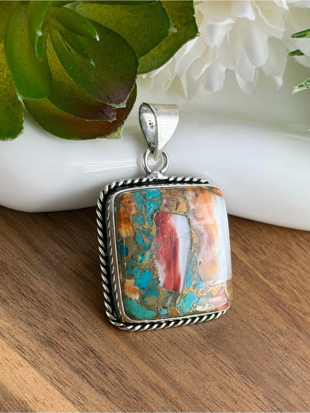 Southwest Square Oyster Turquoise Pendant Sterling Silver 925 Overlay Handmade